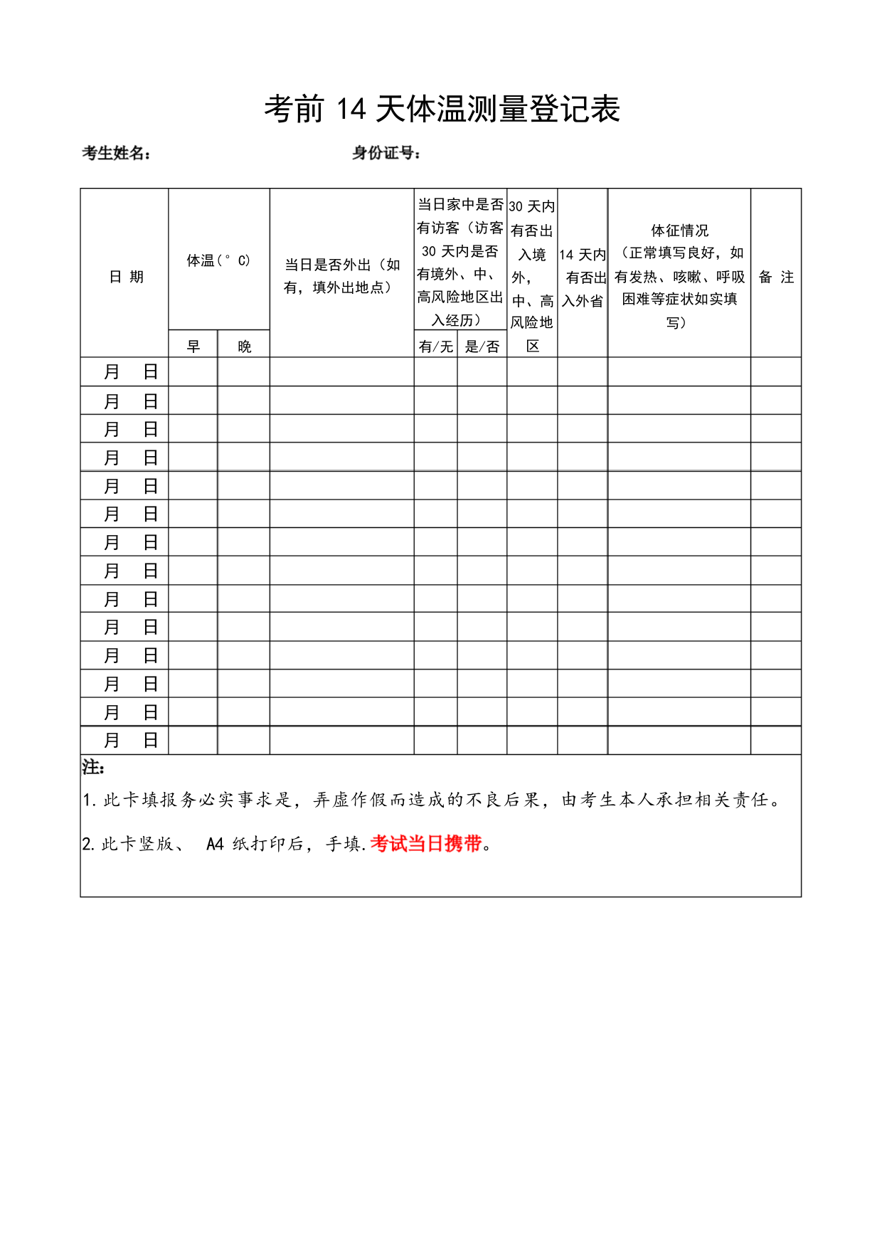 考前14天体温测量登记表【模板】