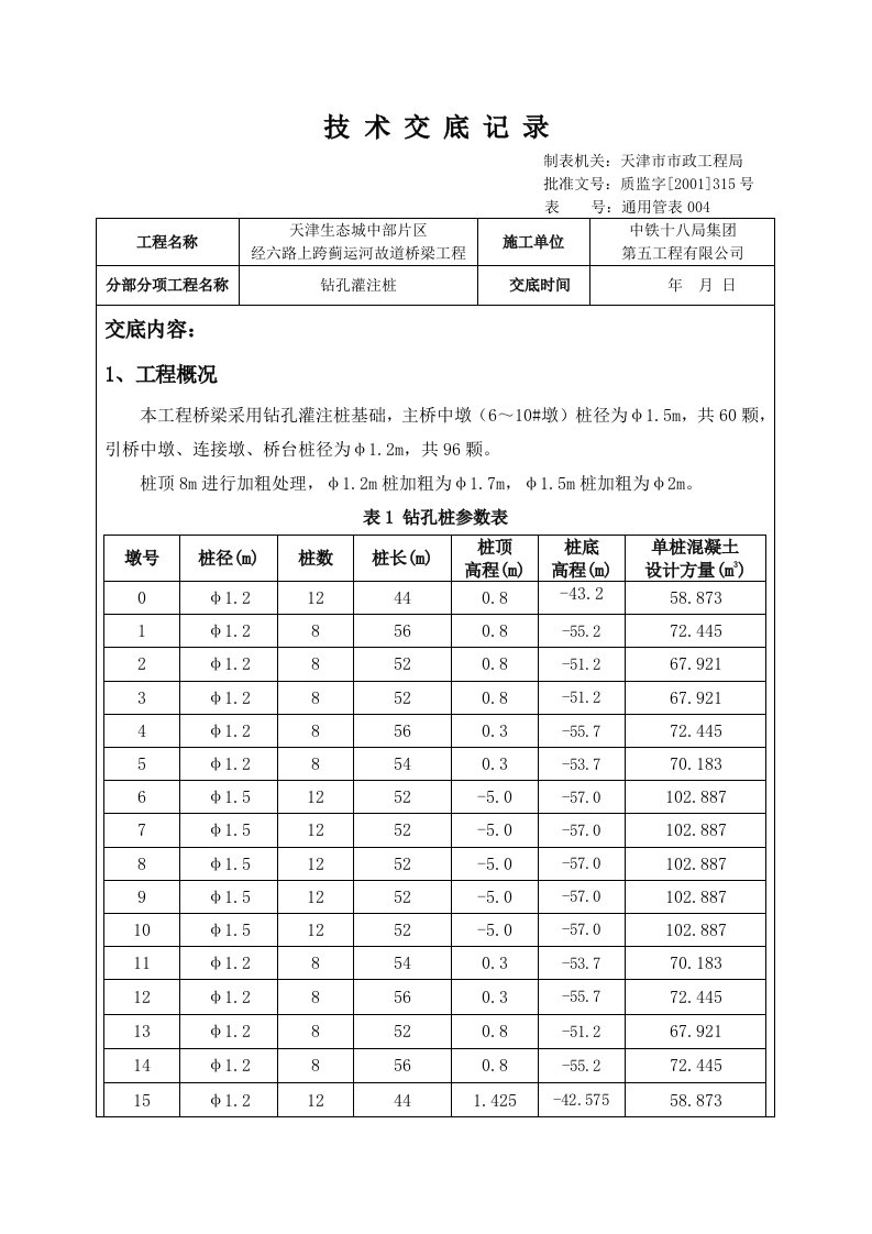 运河故道桥梁工程钻孔灌注桩技术交底