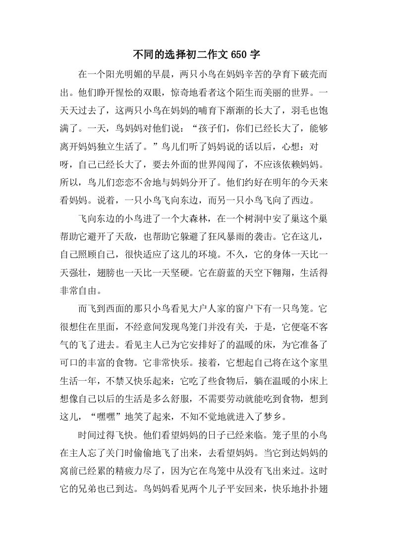 不同的选择初二作文650字