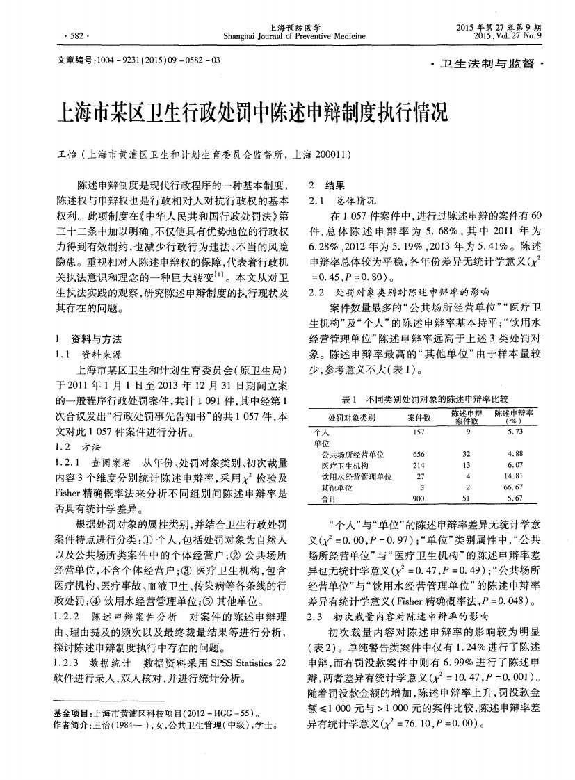 上海市某区卫生行政处罚中陈述申辩制度执行情况