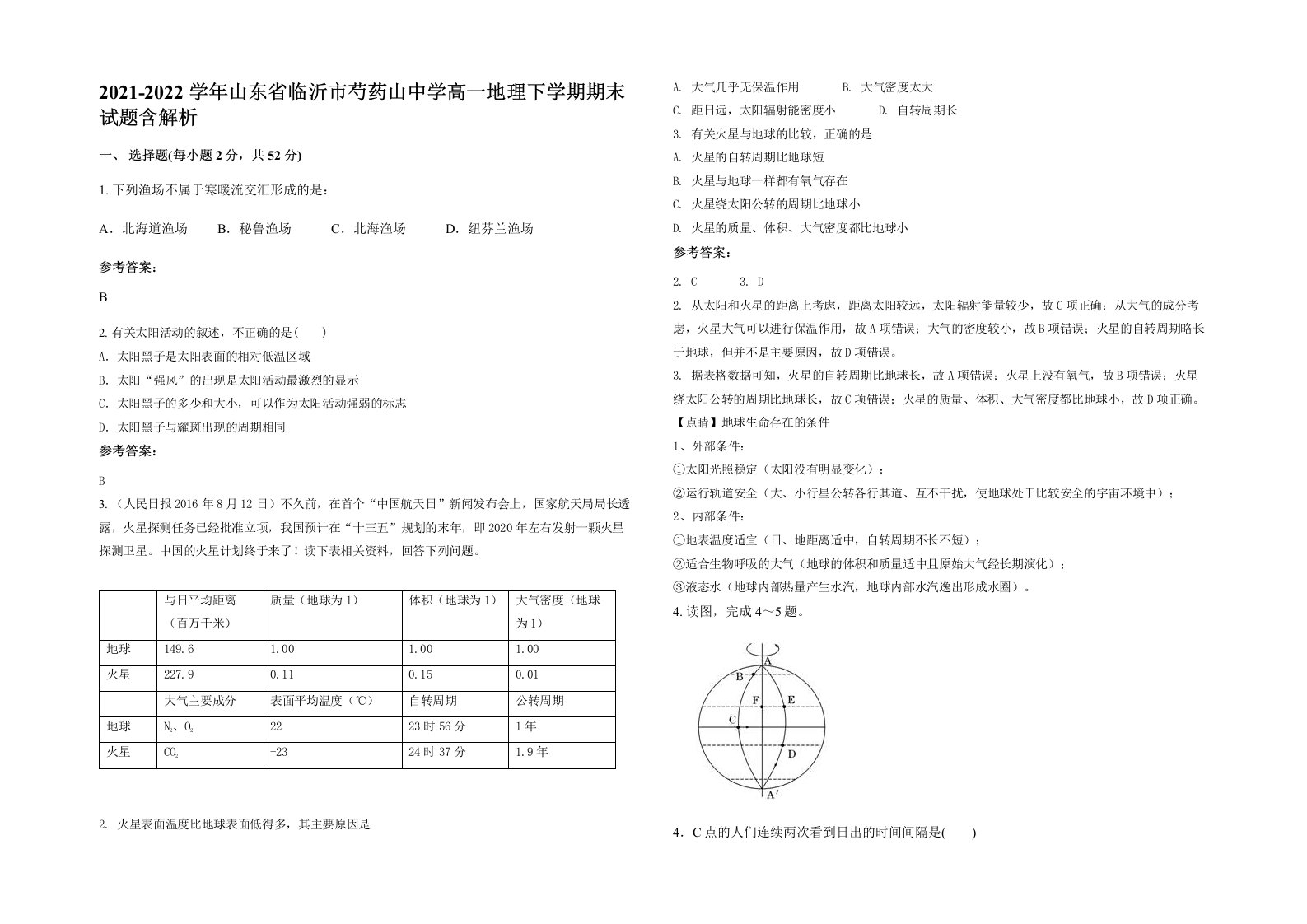 2021-2022学年山东省临沂市芍药山中学高一地理下学期期末试题含解析