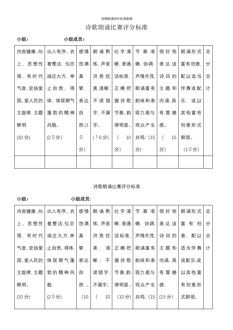 诗歌朗诵评分标准表格