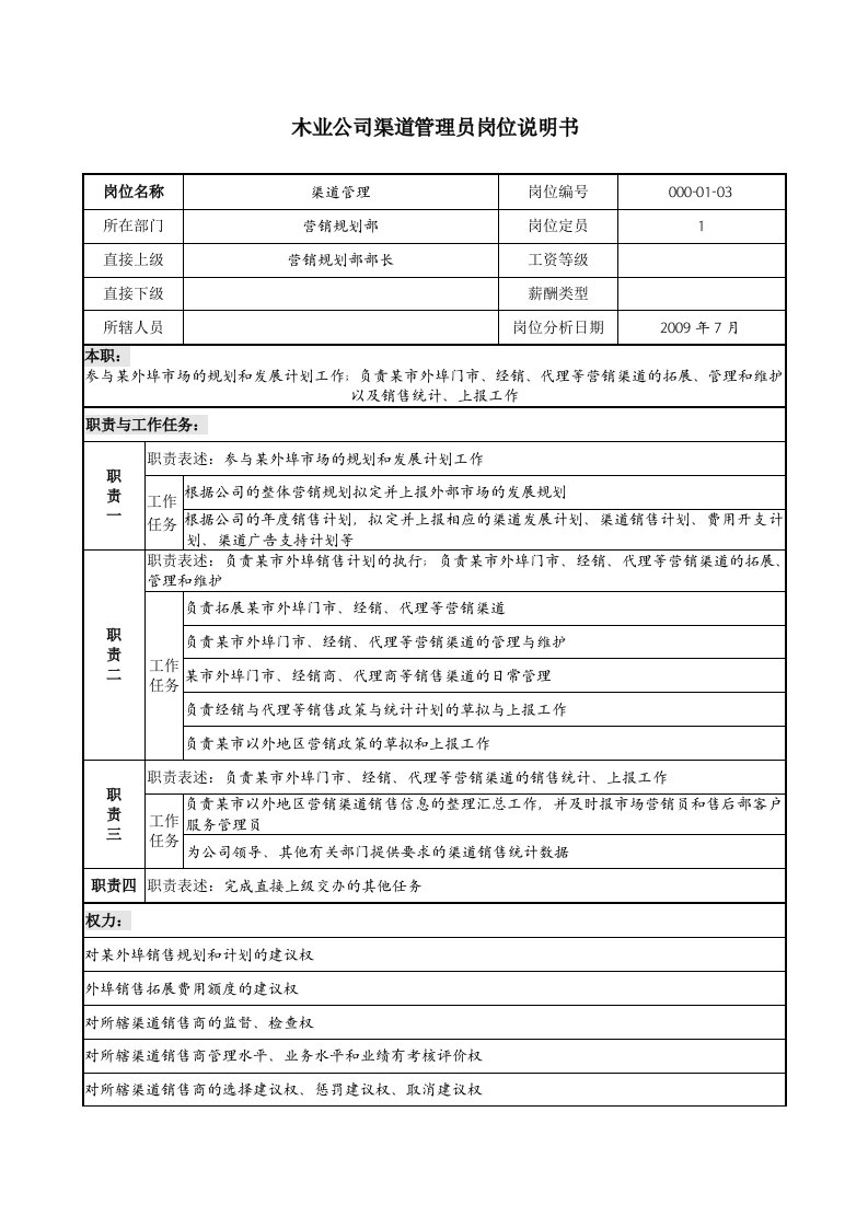 木业公司渠道管理员岗位说明书