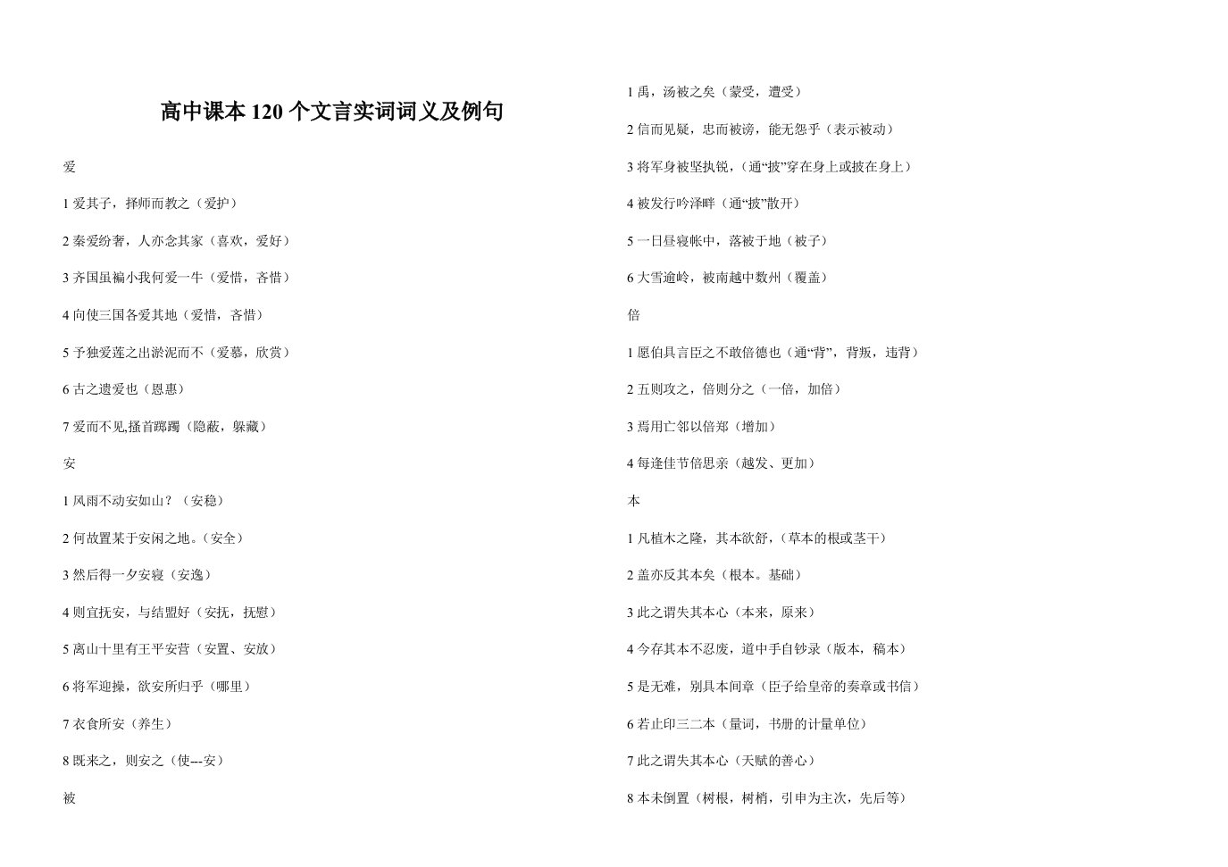 高中课本120个文言实词词义及例句