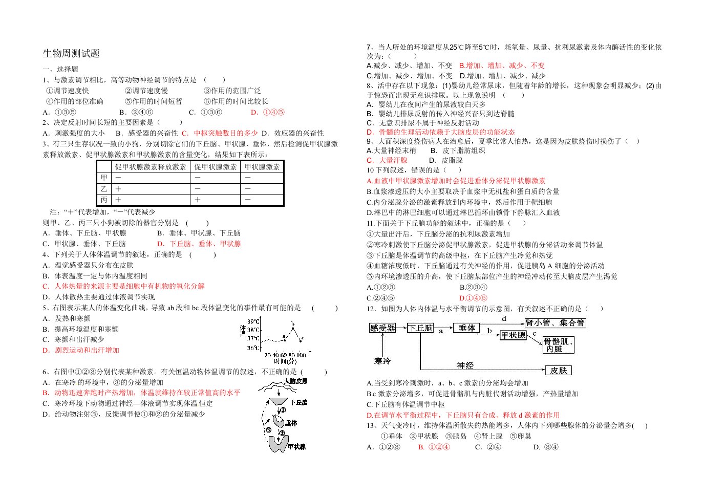 神经调节与体液调节的关系练习题(含答案)