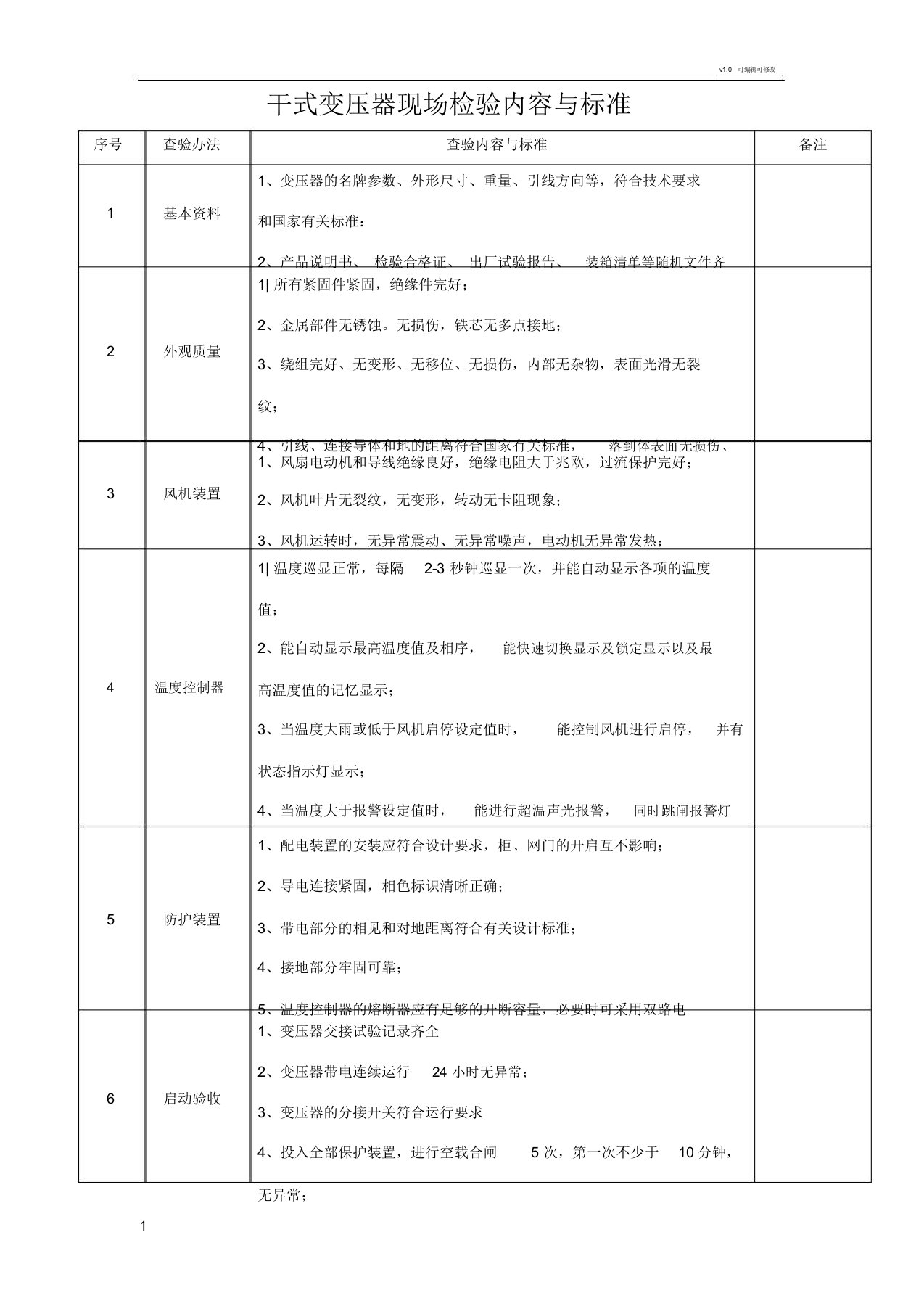 干式变压器现场检查内容与标准