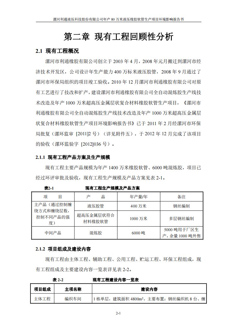 环境影响评价报告公示：年产80万米液压橡胶软管生产项目现有工程分析环评报告