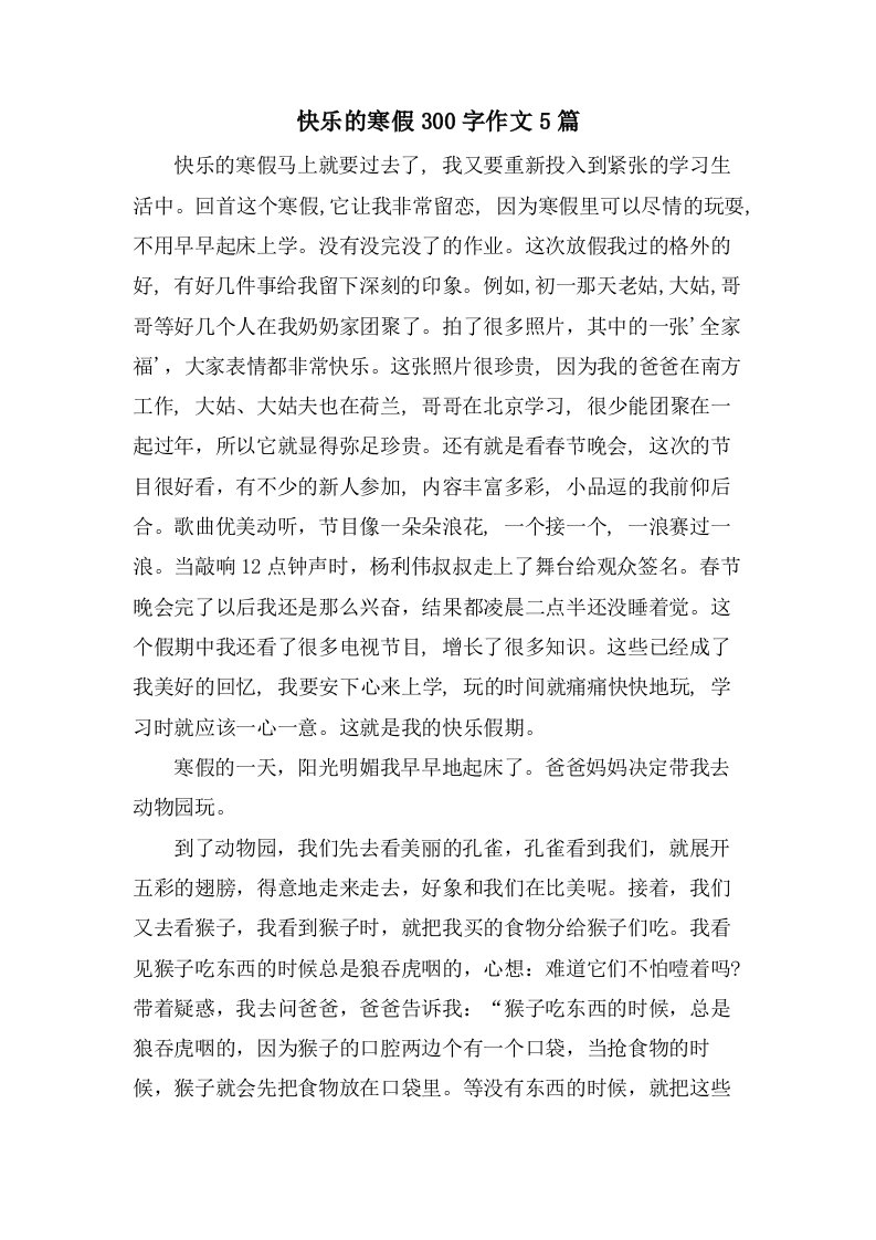 快乐的寒假300字作文5篇