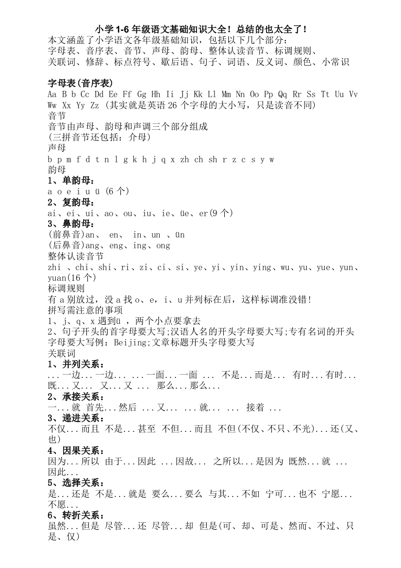 小学1-6年级语文基础知识大全!总结的也太全了!试卷教案