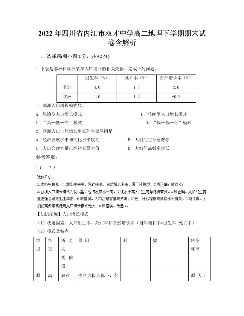 2022年四川省内江市双才中学高二地理下学期期末试卷含解析