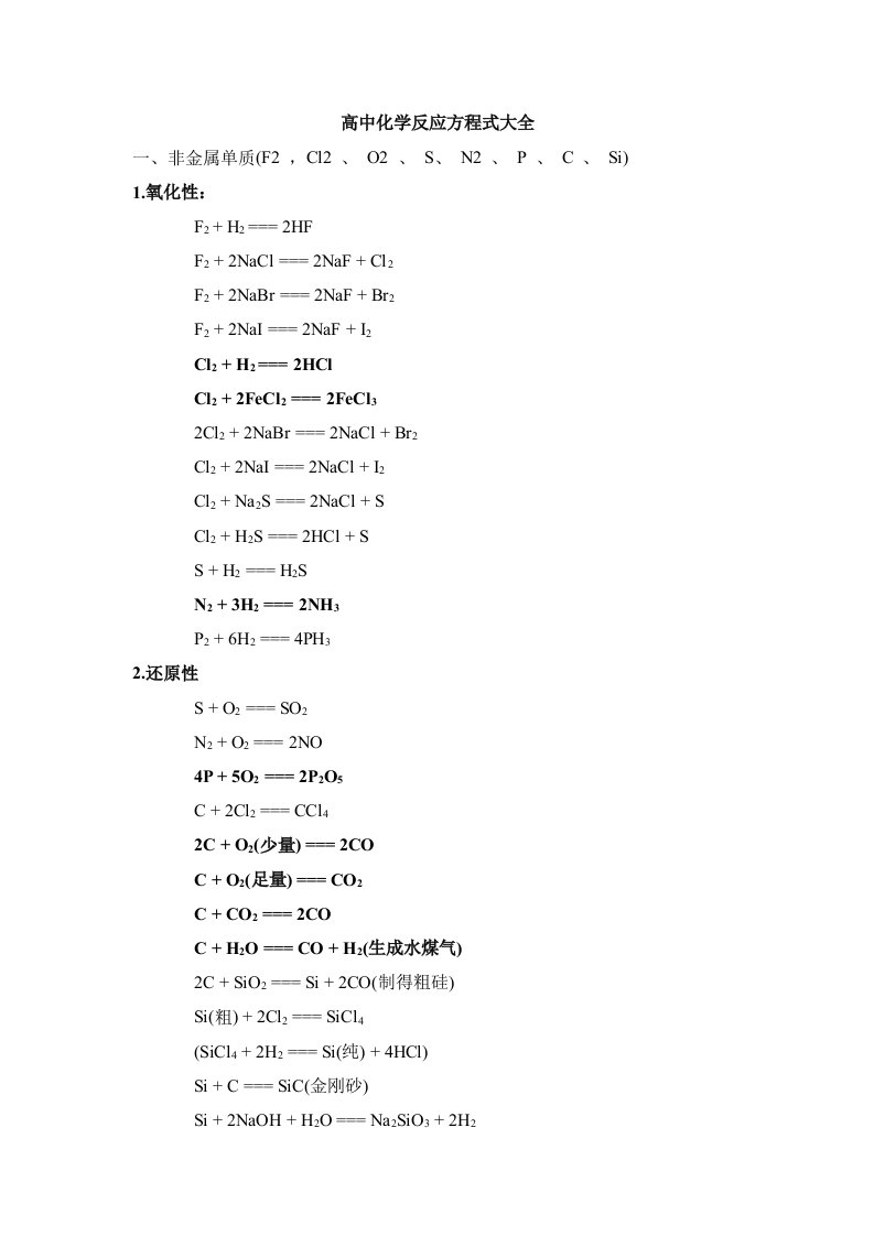 高中化学反应方程式大全(实用版)