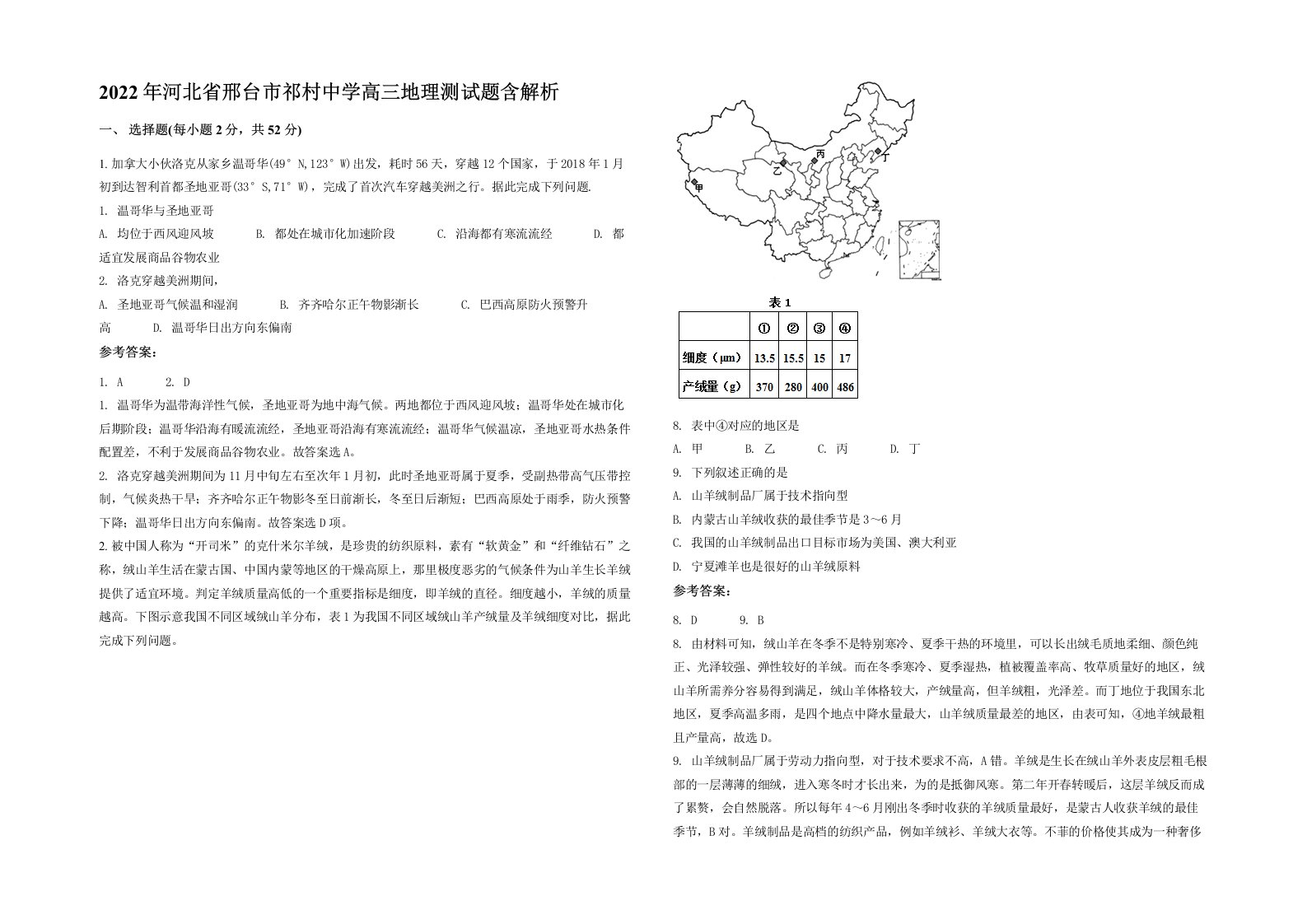 2022年河北省邢台市祁村中学高三地理测试题含解析