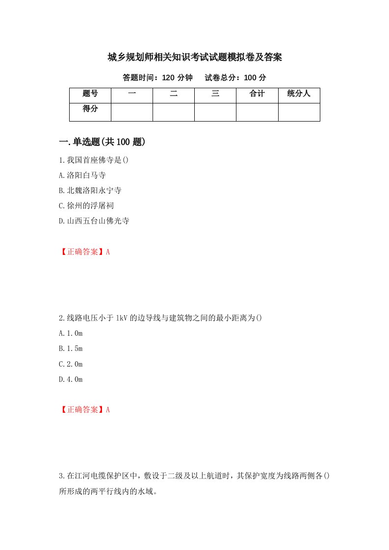 城乡规划师相关知识考试试题模拟卷及答案70