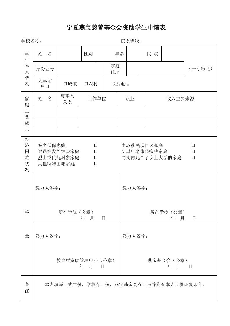 宁夏燕宝慈善基金会资助学生申请表