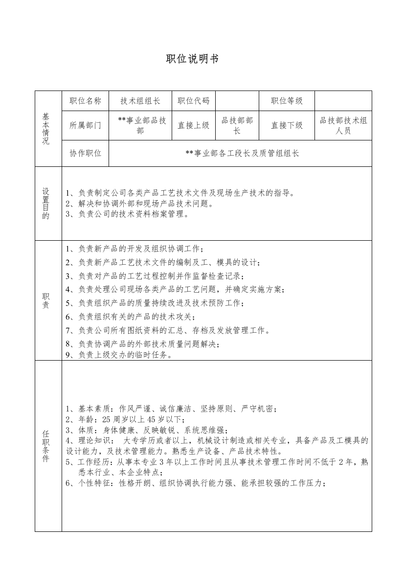 某大型摩配企业技术课课长岗位说明书