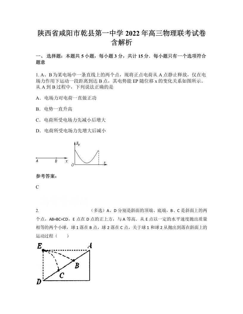 陕西省咸阳市乾县第一中学2022年高三物理联考试卷含解析