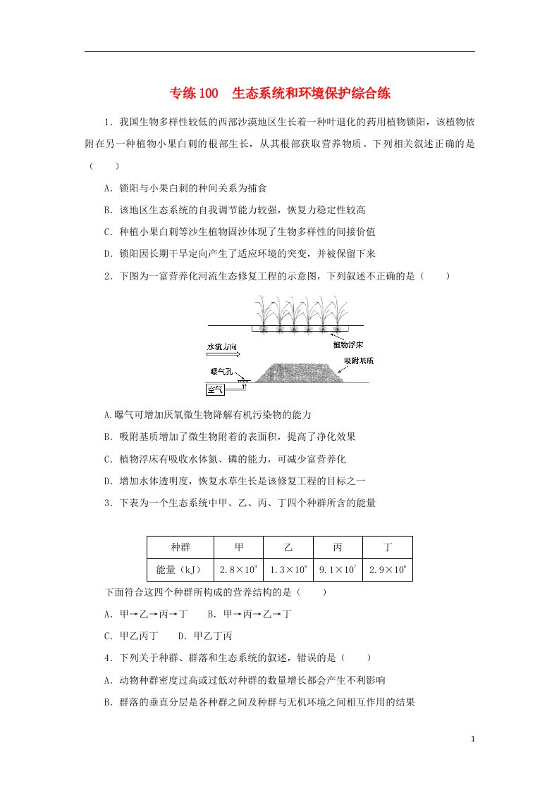 2023版高考生物第二部分综合练专练100生态系统和环境保护