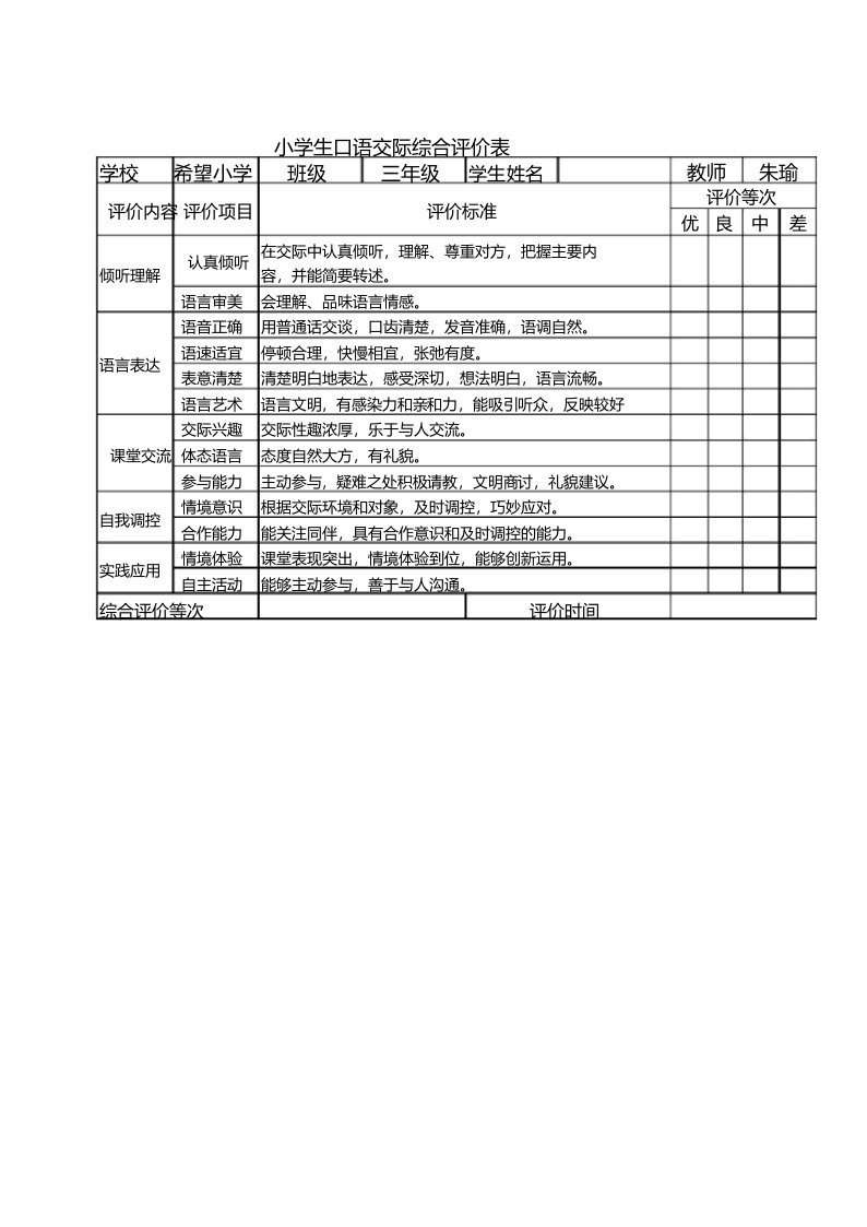 小学生口语交际评价表