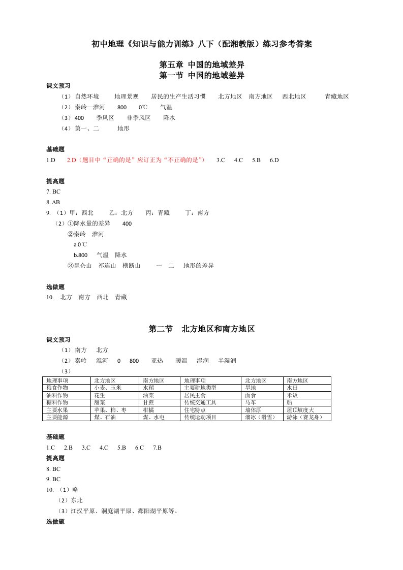 初中地理知识与能力训练八下配湘教练习第五第六章参考答案