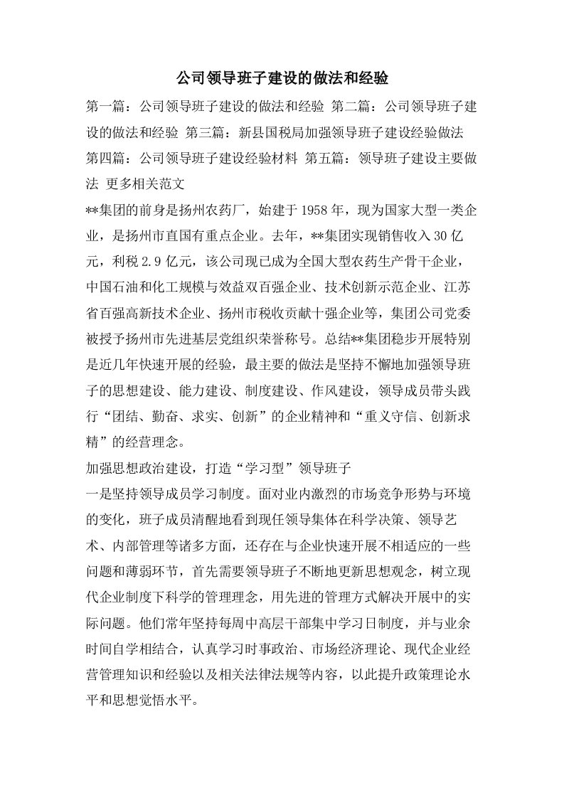 公司领导班子建设的做法和经验