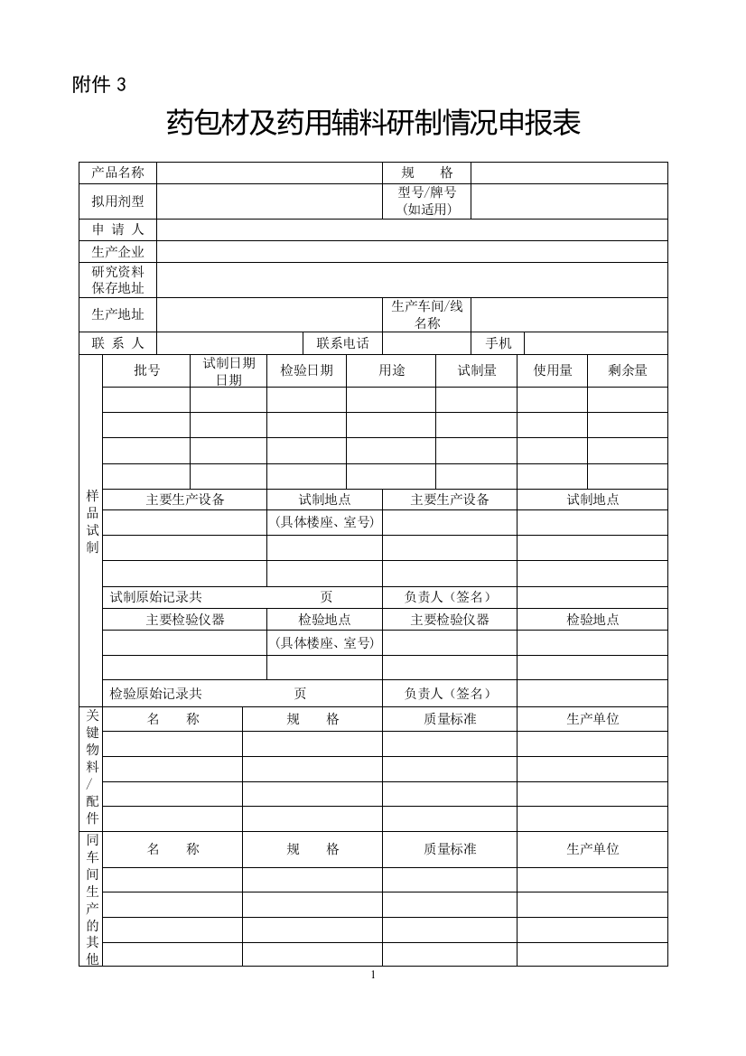 2016年第155号通告附件3药包材及药用辅料研制情况申报表