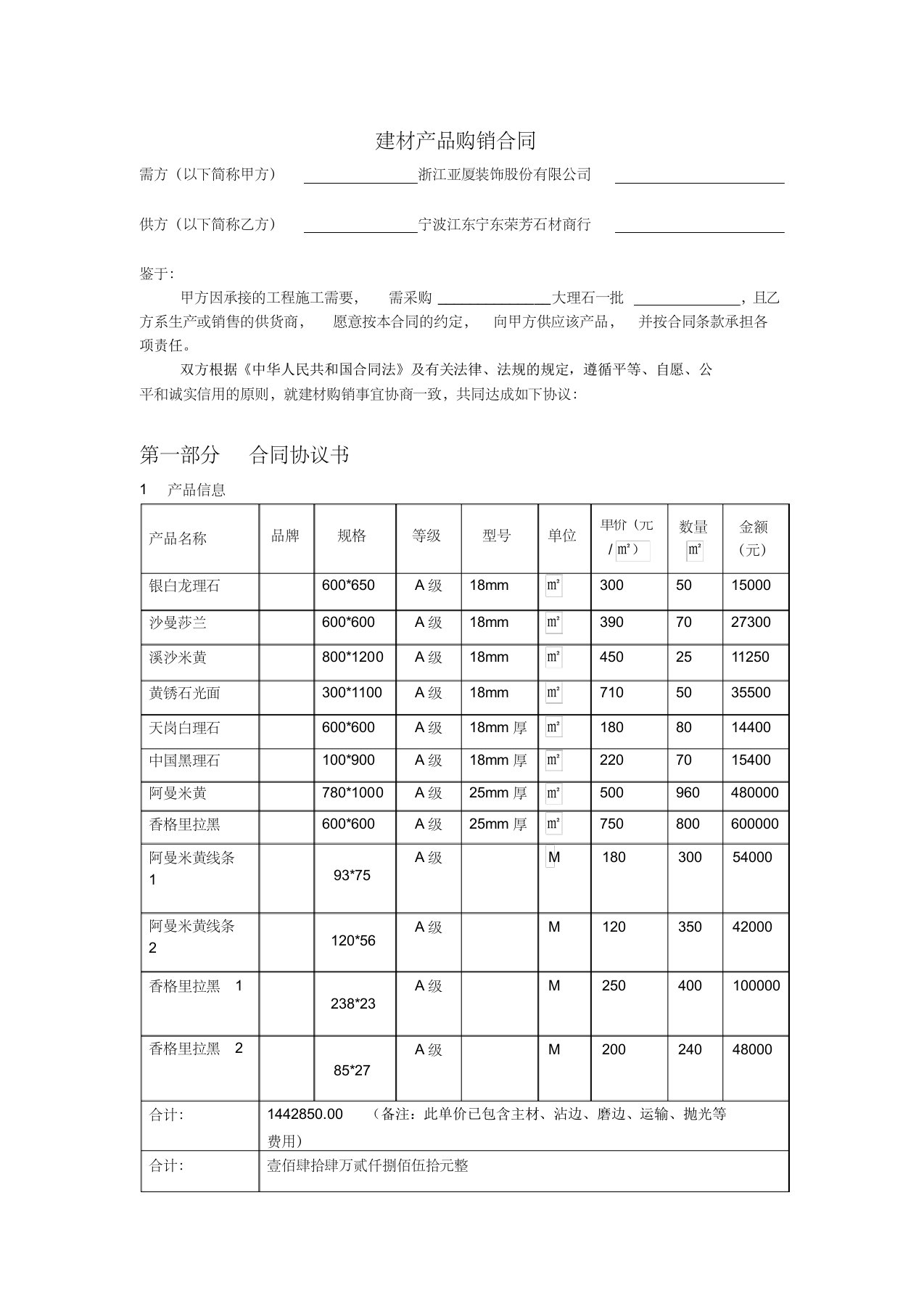 建材产品购销合同