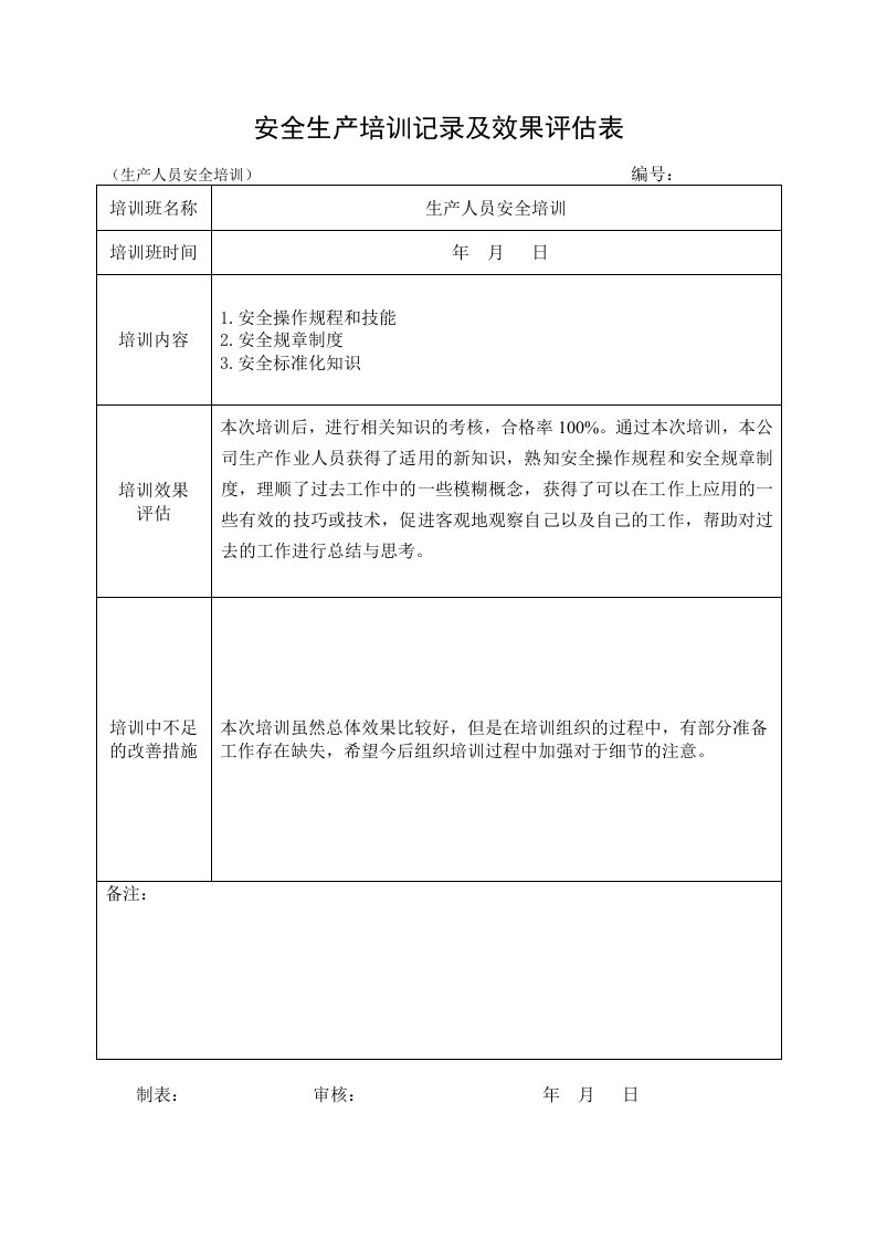 精品文档-514安全培训记录效果评估表生产人员