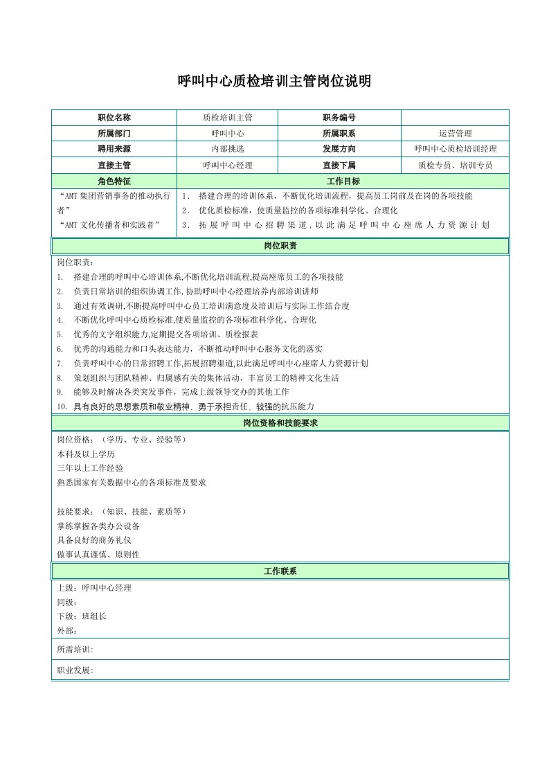 呼叫中心质检培训主管职位说明书