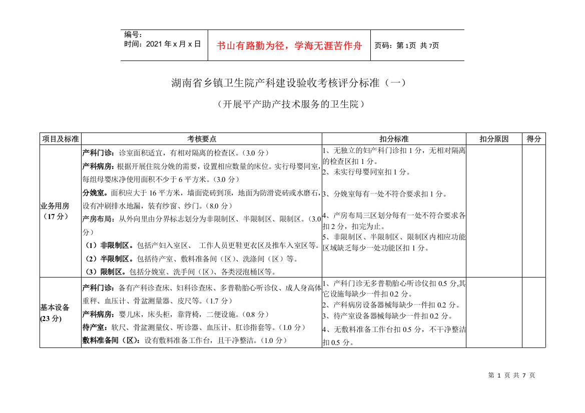 湖南省乡镇卫生院产科建设验收考核评分标准（一）