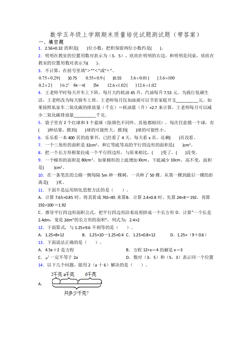 数学五年级上学期期末质量培优试题测试题(带答案)