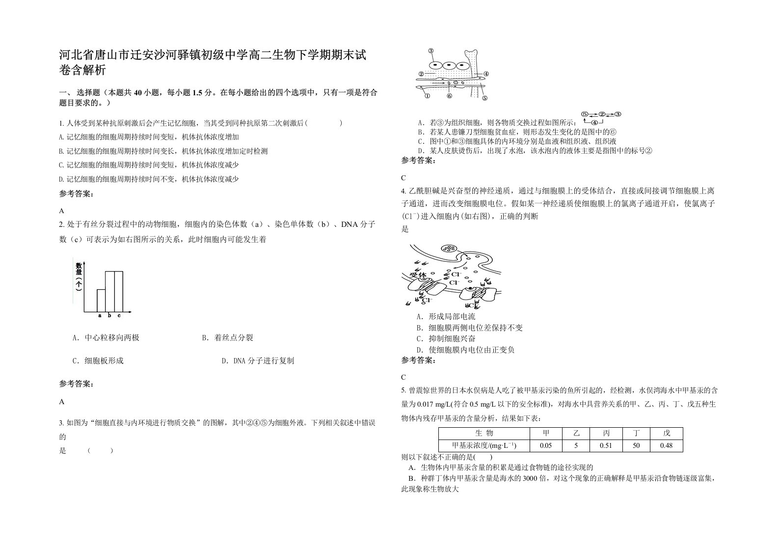 河北省唐山市迁安沙河驿镇初级中学高二生物下学期期末试卷含解析