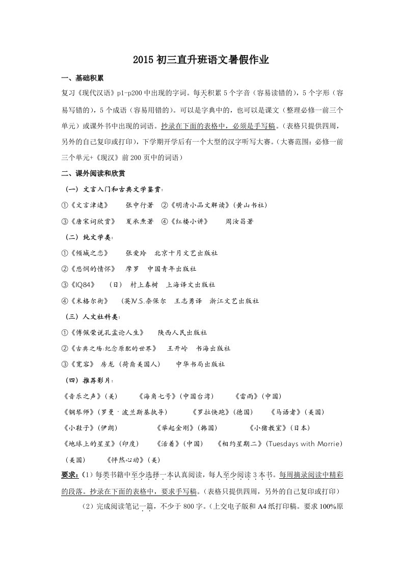 2015初三直升班语文暑假作业