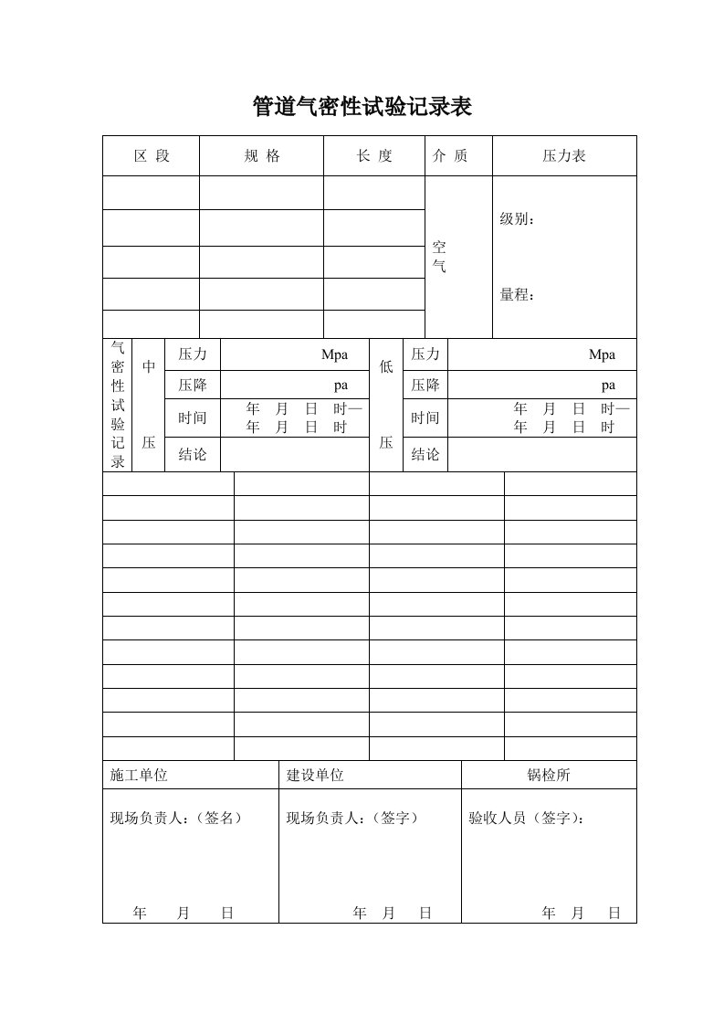 管道气密性试验记录表