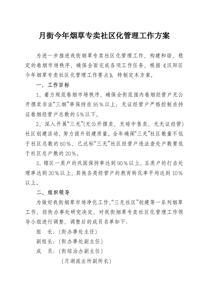 月街今年烟草专卖社区化管理工作方案