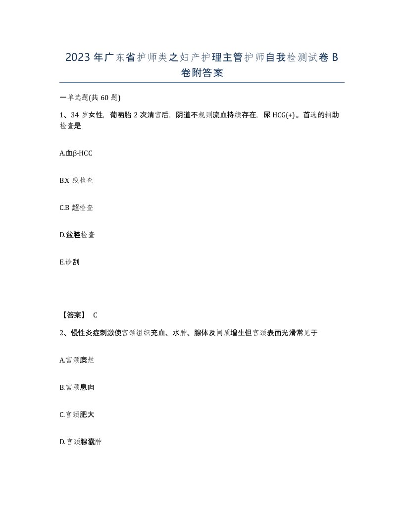 2023年广东省护师类之妇产护理主管护师自我检测试卷B卷附答案