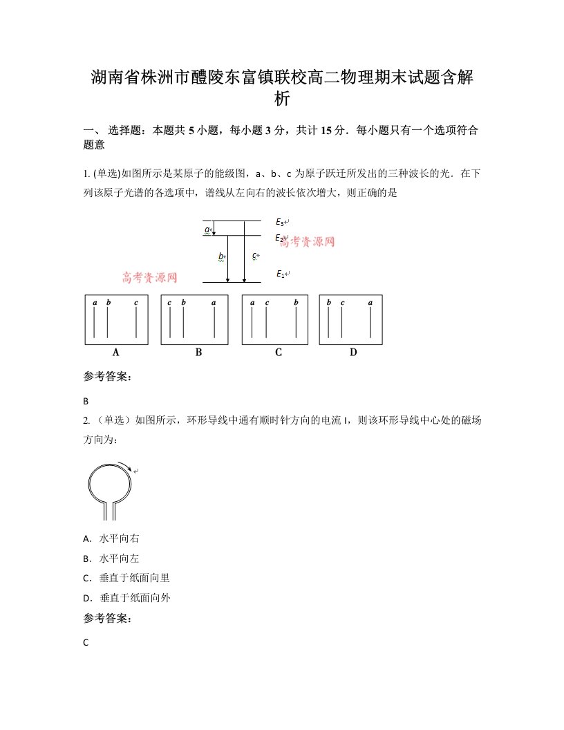 湖南省株洲市醴陵东富镇联校高二物理期末试题含解析