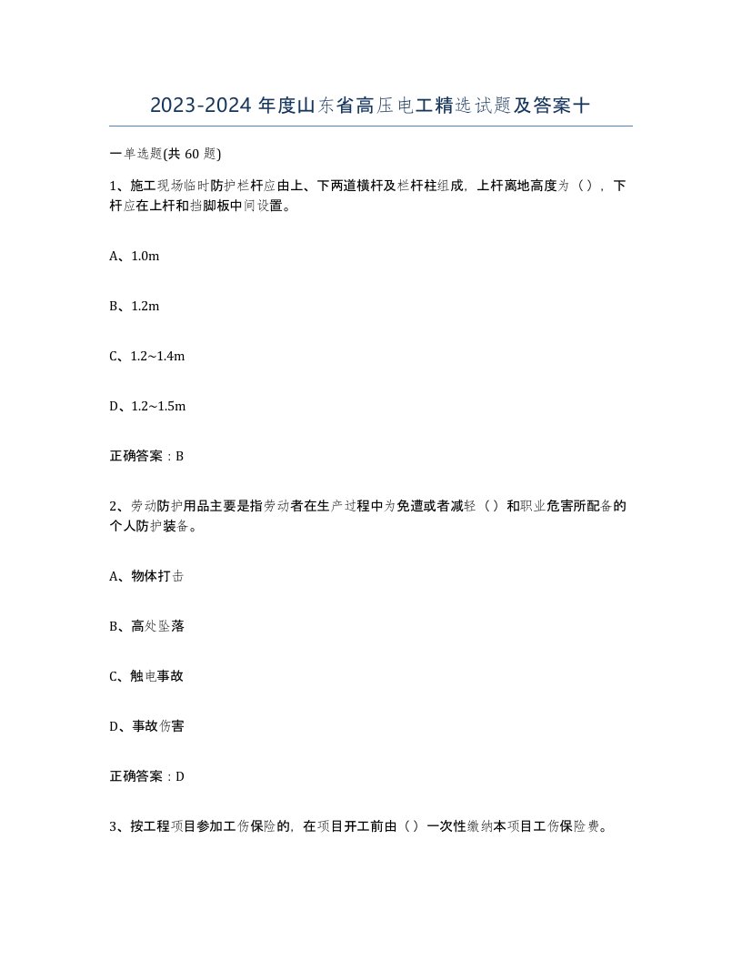 2023-2024年度山东省高压电工试题及答案十