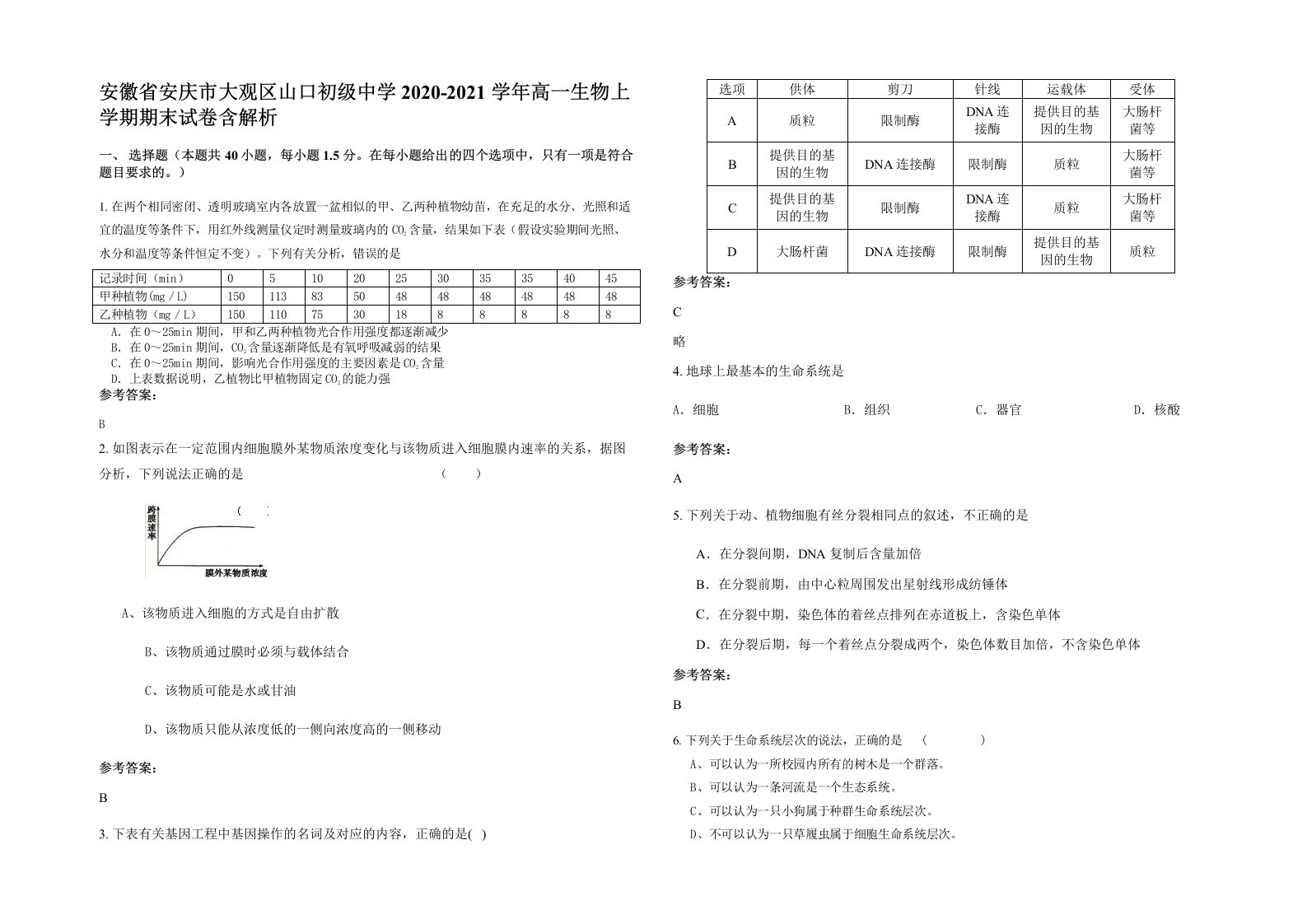 安徽省安庆市大观区山口初级中学2020-2021学年高一生物上学期期末试卷含解析