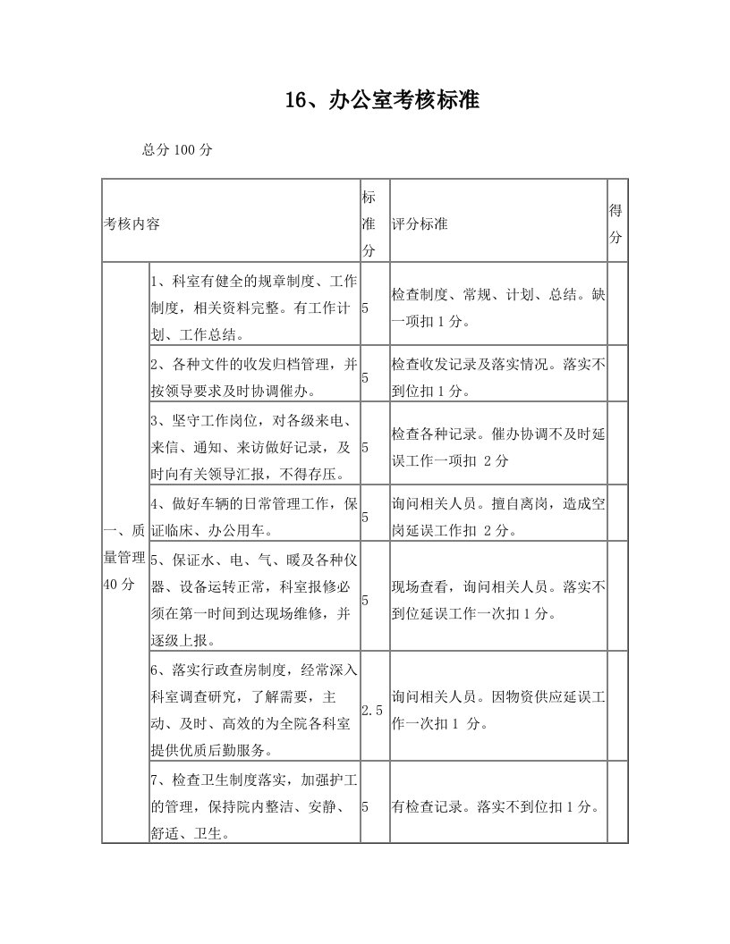 办公室、财务科、收款处考核标准