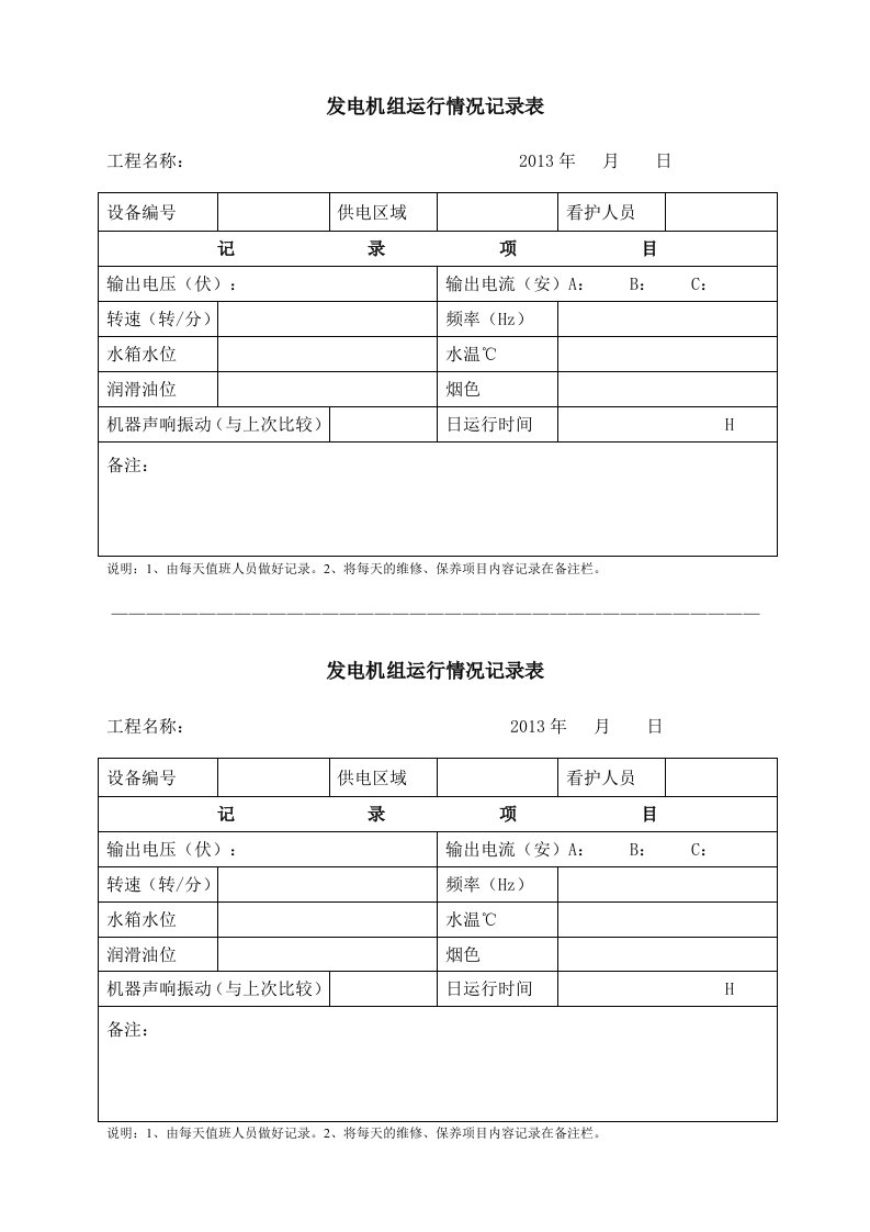 发电机运行记录表