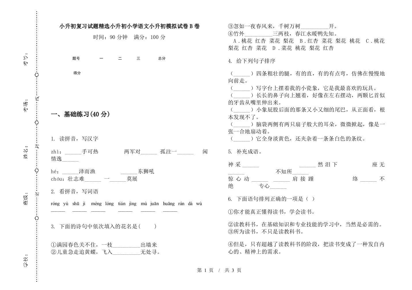 小升初复习试题精选小升初小学语文小升初模拟试卷B卷