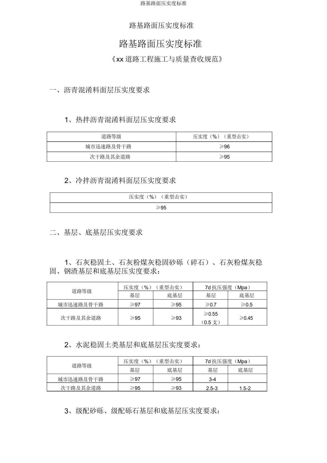 路基路面压实度标准