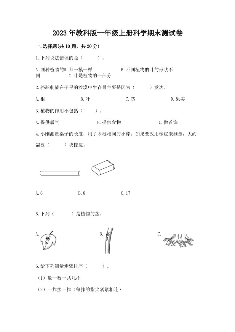 2023年教科版一年级上册科学期末测试卷（精品）