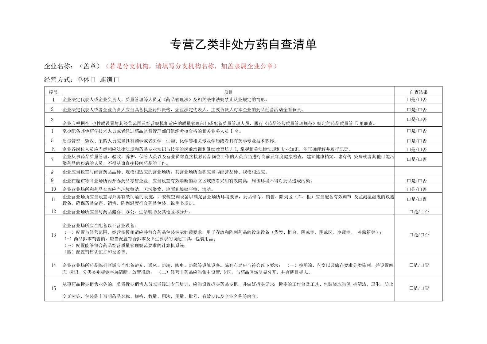 专营乙类非处方药自查清单