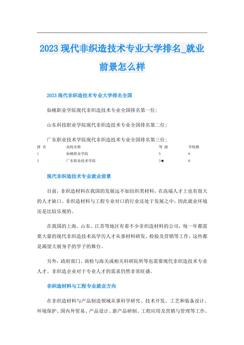 现代非织造技术专业大学排名_就业前景怎么样