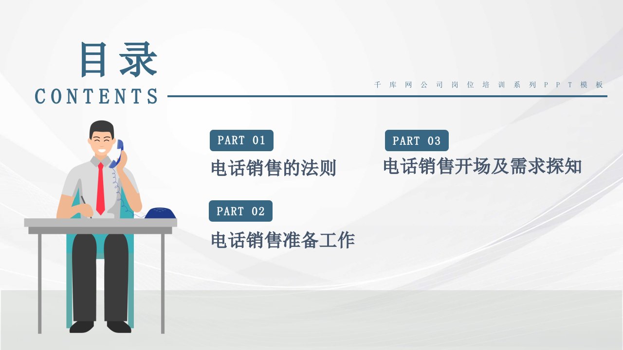 扁平商务风电话销售技巧及话术培训第一部分PPT模板
