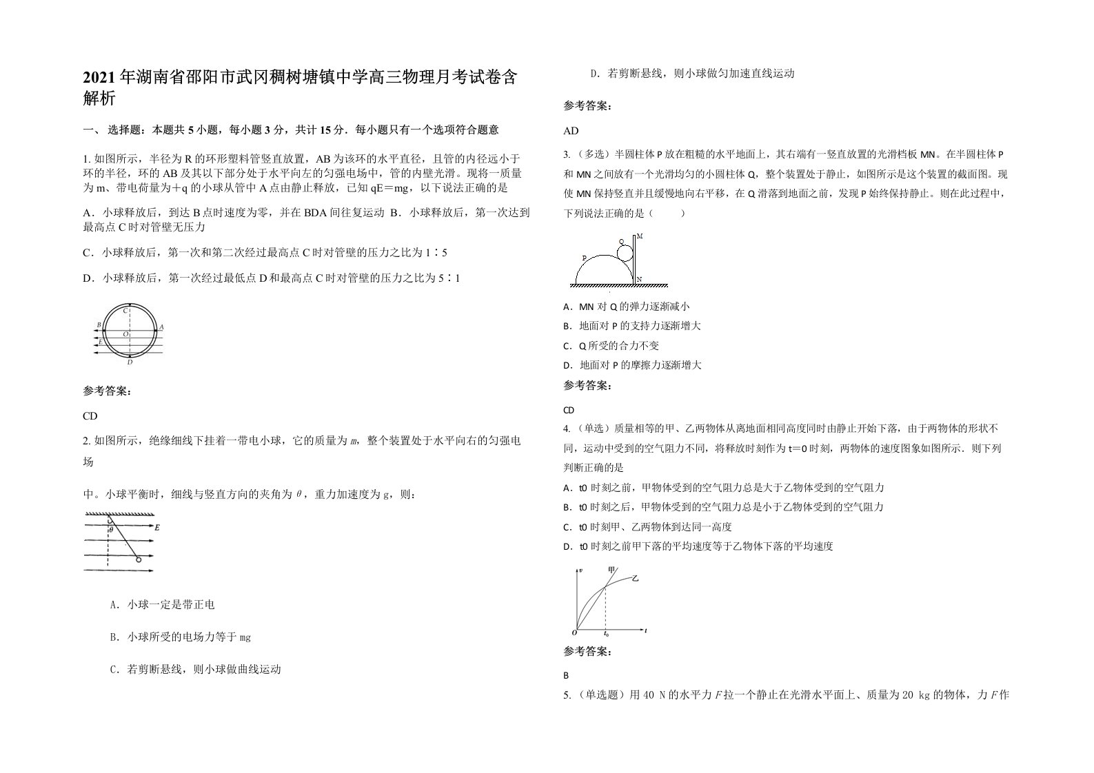 2021年湖南省邵阳市武冈稠树塘镇中学高三物理月考试卷含解析