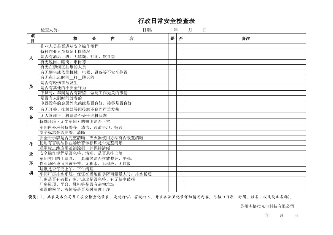 车间日常安全检查表