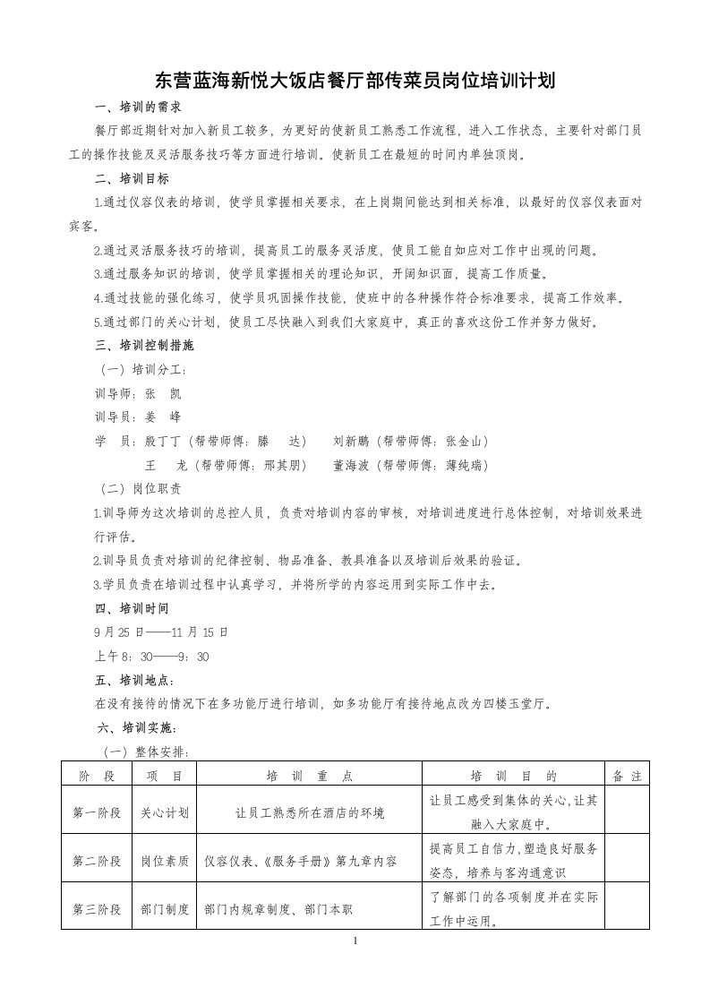 餐厅部传菜员岗位培训计划1