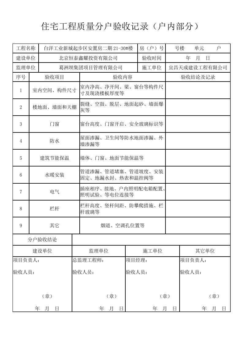 住宅工程质量分户验收记录全套表格